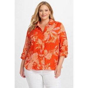 Cynthia Rowley 100% Linen Floral Button Shirt Blouse Orange Pink 1X Tropical